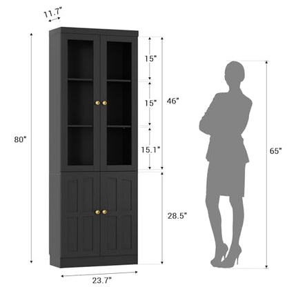Cyclysio 80" Kitchen Pantry Cabinet with Glass Doors and Adjustable Shelves, Kitchen Cabinet with Thickened Top Panel, Tall Cabinet for Livingroom, Pantry, Bathroom, Black, Set of 2