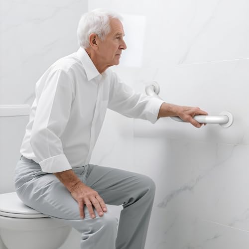 16 Inch Angled Shower Grab Bar White, Munzong 2 Pack Anti Slip Bathroom Grab Bar, Knurled Bathroom Balance Bar,Safety Hand Rail Support Handicap Elderly Injury Senior Assist Bath Handle-1.25” Tube | 2 Pack Knurled Bathroom Balance Bar Safety Hand Rail Sup
