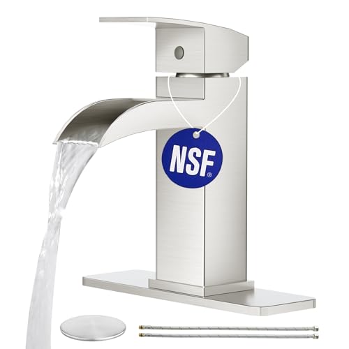 CREA Waterfall Bathroom Faucet 1 Hole Single Handle Brushed Nickel Bathroom Sink Faucet with Drain/ 3 Hole Deck Plate Stainless Steel Vanity Basin Mixer Tap(cUPC Hot Cold Water Supply Line) - color: Brushed Nichel, style: Open Waterfall