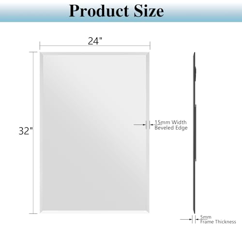 Frameless Bathroom Mirror, 24"x32" Beveled Bathroom Vanity Mirror | 15mm beveled edge, frameless, 5mm HD glass, anti-rust, french cleat, horizontally or vertically, for bathroom/bedroom - size: 24"L x 32"W