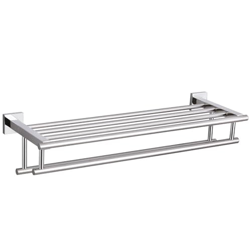 Angle Simple Bathroom Towel Rack, Towel Bar with Shelf, Polished Chrome | 23.62-In, SUS304 Stainless Steel, 2 Bars Design Separate Dry Wet Towels, Enough Space for Hanging Needs, Drill Screws Mount - color: Polished Chrome, size: 23.62-Inch