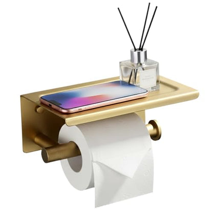 Toilet Paper Holder with Shelf, 304 Stainless Steel PVD Brushed Gold Finish | Wall Mount Toilet Tissue Roll Holder with Shelf for Bathroom Storage, Solid Brass Roll Bar with Knurled Texture Design - color: Pvd Brushed Gold Finish