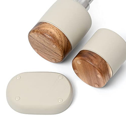 Bathroom Accessories Set 3 Piece Bath Ensemble Includes Soap Dispenser, Tumbler, Dish for Decorative Countertop & Housewarming Gift (Concrete with Acacia Wood) - style: Concrete with Acacia Wood