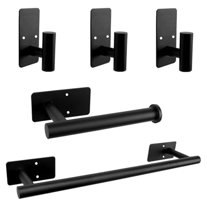 5 PCS Self Adhesive Bathroom Hardware Set, Stainless Steel Towel Rack Set Include 16In Bath Towel Bar+Toilet Paper Holder+3 Towel/Robe Hooks No Drill Bathroom Accessory Kit(Matte Black) - color: Matte Black, size: 16 In-5 Pcs