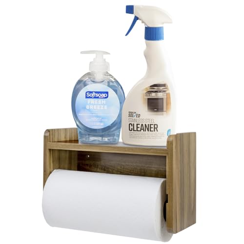 MyGift Acacia Wood Paper Towel Holder with Shelf, Wall Mounted Rack | Top shelf stores spices, oils, and kitchen essentials while the lower bar provides convenient roll access to save space - color: Premium Acacia Wood