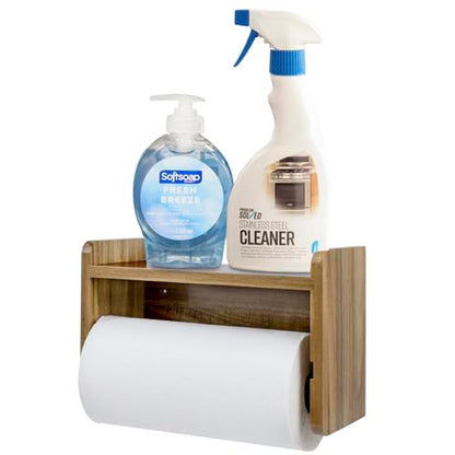 MyGift Acacia Wood Paper Towel Holder with Shelf, Wall Mounted Rack | Top shelf stores spices, oils, and kitchen essentials while the lower bar provides convenient roll access to save space - color: Premium Acacia Wood