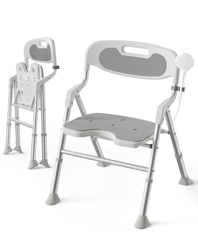 Folding Shower Chair for Inside Shower, Wide Seat, Arms & Back for Elderly | 400 lb Heavy-Duty Support, Space-Saving Fold, Lightweight, Adjustable for Better Fit, Non-Slip Rubber Feet, FSA/HSA, Gray - color: Gray