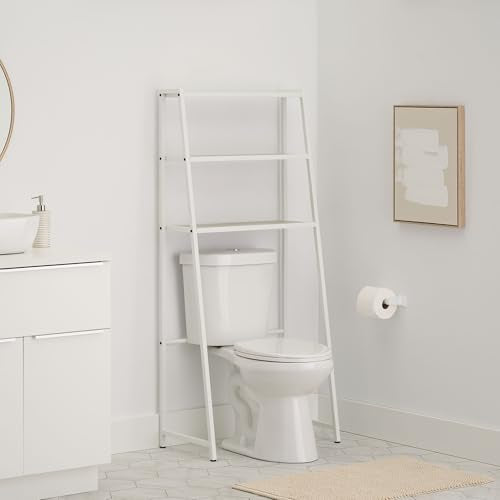 TRINITY 3-Tier Metal Over The Toilet Storage Shelving Rack, Freestanding Bathroom Organizer with Wood Grain Shelves, 27in x 15in x 60in, White - color: White
