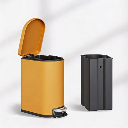 IDEALHOUSE 2.6 Gallon/10L Small Bathroom Trash Can with Lid,Yellow | Slim Stainless Steel Garbage Can, Narrow Step-on Metal Trash Bin with Removable Inner Bucket, Soft Close - color: Yellow