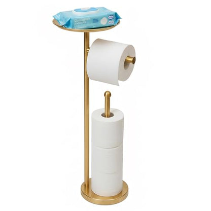 Freestanding Toilet Paper Holder with Shelf, Gold Toilet Paper Stand with Storage Tray and Space for 4 Extra Rolls - color: Gold