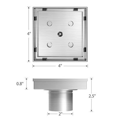 4 Inch Square Shower Drain with Tile Insert Grate, Brushed | 304 Stainless Steel, Square Tile Floor Drain for Bathroom, Removable Tile-In Drain Grate with Hair Strainer, cUPC Certified - size: 4 inch
