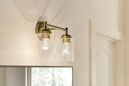 Kichler Winslow 2-Light Farmhouse Vanity Light, Natural Brass | Clear seeded glass vanity light with industrial styling (13" x 9.25" x 6.5"), 45885NBR - color: Natural Brass, size: 13"