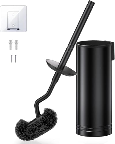 HAMITOR Toilet Brush and Holder Set Wall-Mounted Under Rim Deep Cleaning | Stainless Steel, Heavy Duty Curved Bristle, Space Saving Bowl Cleaner Brush, For Home RV Bathroom Accessories, Black, 1 Pack - color: Black