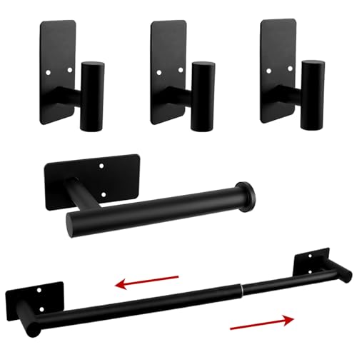 5 PCS Self Adhesive Bathroom Hardware Set, Stainless Steel Towel Rack Set Include Adjustable 24In Bath Towel Bar+Toilet Paper Holder+3 Towel/Robe Hooks Bathroom Accessory(Matte Black) - color: Matte Black, size: 24 In-5 Pcs