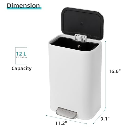 GarveeHome 3.2 Gal Stainless Steel Bathroom Trash Can with Lid, White | Rectangular Small Step Waste Bin, Hands-Free Foot Pedal, Removable Inner Bucket, Quiet Close, for Bedroom Restroom - color: White, size: 12 L