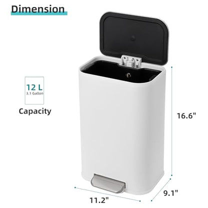 GarveeHome 3.2 Gal Stainless Steel Bathroom Trash Can with Lid, White | Rectangular Small Step Waste Bin, Hands-Free Foot Pedal, Removable Inner Bucket, Quiet Close, for Bedroom Restroom - color: White, size: 12 L