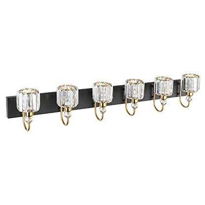 Ralbay Crystal Vanity Lights 6-Lights Modern Crystal Bathroom Vanity Lights Over Long Mirror Modern Black Gold Bathroom Vanity Lighting Fixtures - color: Round-Black+Gold, size: 6-light