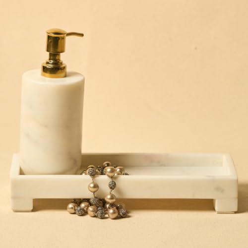 Banswara White Marble Vanity Tray - 11×4 Inch | Marble Tray for Bathroom, Perfume, Jewellery & Dressing | Trinket Tray, Bathroom Tray for Toiletries | Anti-Slip | Handmade in India