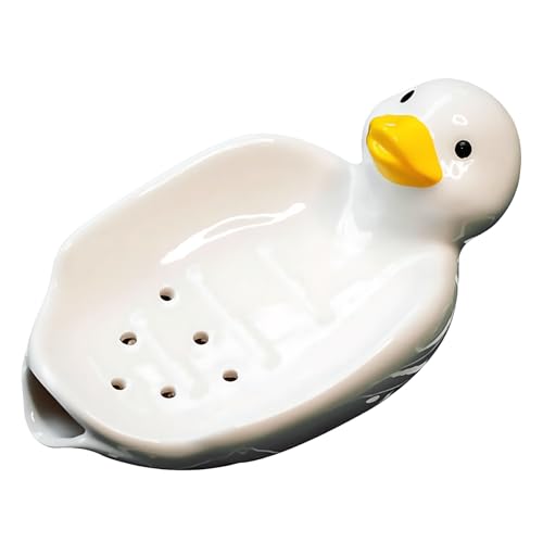 Cute Ceramic Soap Dish Self Draining Adorable Duck Shaped Kitchen Sink Soap Organizer for Bathroom Quick Drying Soap Holders - color: White Duck-2