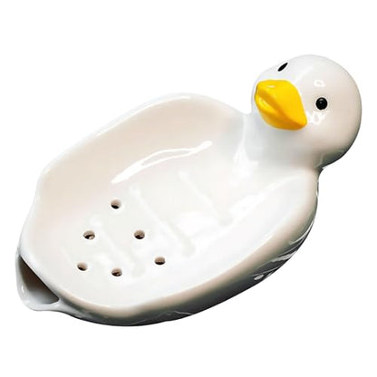 Cute Ceramic Soap Dish Self Draining Adorable Duck Shaped Kitchen Sink Soap Organizer for Bathroom Quick Drying Soap Holders - color: White Duck-2
