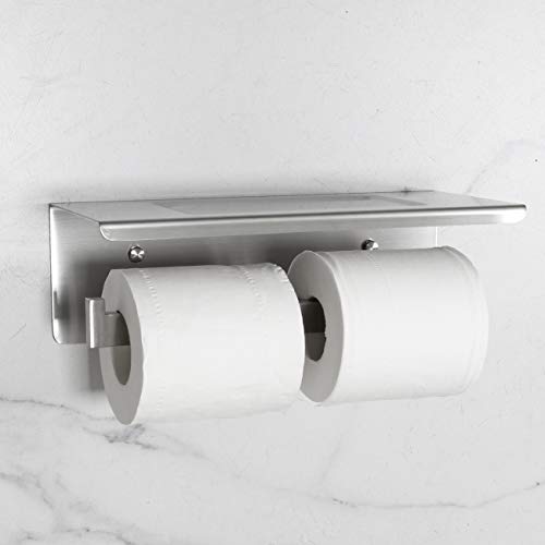 Bathroom Toilet Paper Holder with Shelf, Stainless Steel Double Roll Toilet Tissue Holder Dual Wall Mounted for Mobile Phone Storage, Brushed Finish - color: Brushed