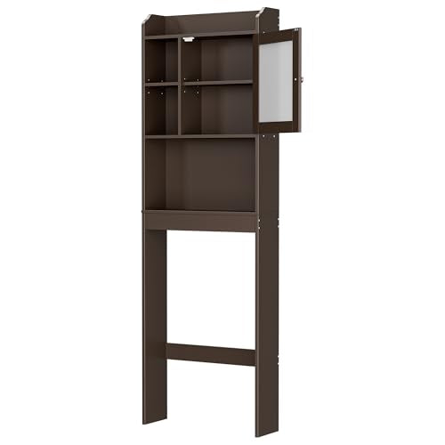 SUPER DEAL Over The Toilet Bathroom Storage Cabinet Freestanding Wooden Bathroom Organizer with Adjustable Shelves and Glass Door, Brown - color: Brown