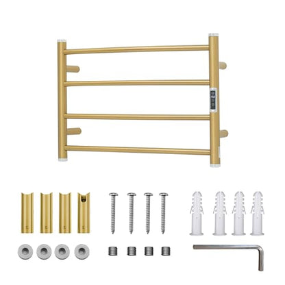 Electric Towel Warmer Rack,Heating Towel Warmer,Timer & Temperature Control,Wall-Mounted Plug-in for Bathroom,Gold,Stainless Steel,4-Bar(16.54x23.62x5.51in) - color: Round-matte Gold With Silver Top, size: 4 Bars