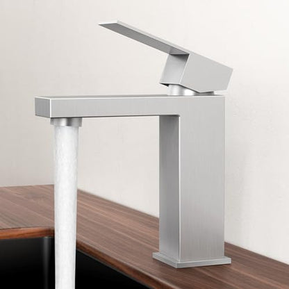 KES Single Handle Bathroom Sink Faucet, Brushed Steel, Modern Single Hole | CUPC NSF Certified, 1.2 GPM, Lead-Free SUS304, Easy To Install - color: Brushed Steel, style: NO Drain - Short Faucet