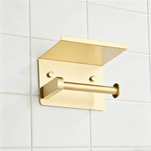 Brushed Gold Toilet Paper Holder Wall Mount, NEWRAIN Rustproof Toilet Tissue Holder with Phone Shelf, Stainless Steel Adhesive Toilet Roll Holder for Bathroom, Washroom, Kitchen, RV - color: Brushed Gold, style: Single