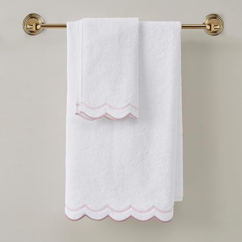 Peri Home 2 Piece Cotton Bath Towel Set, Embroidered, White, Blush Scallop - color: White With Blush Scallop, size: 2 Bath Towel