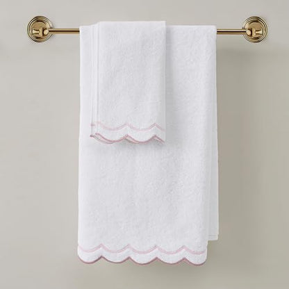 Peri Home 2 Piece Cotton Bath Towel Set, Embroidered, White, Blush Scallop - color: White With Blush Scallop, size: 2 Bath Towel