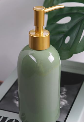 Ceramic Soap Dispenser Green with Gold Pump,Simple Design Cylindrical Lotion Dispenser Bottle,Refillable Liquid Hand Soap Dispenser for Kitchen,Bathroom,Washroom - color: Green（a）