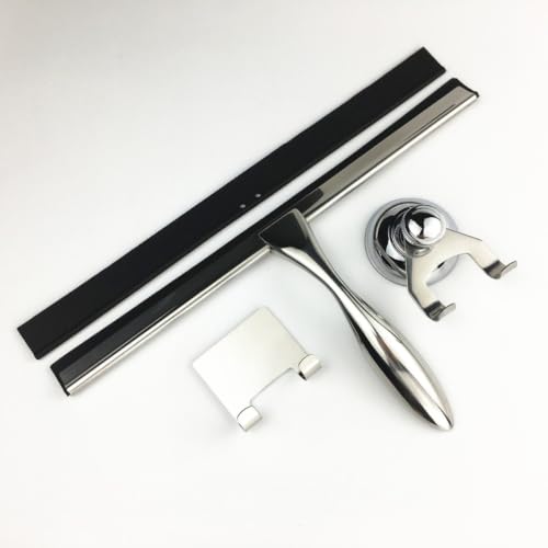 Holibanna 3pcs Stainless Steel Shower Squeegee for Glass and Tile with Suction Cup and Hooks Holder, Heat and Cold Resistant Bathroom Window Wiper for Shower Doors
