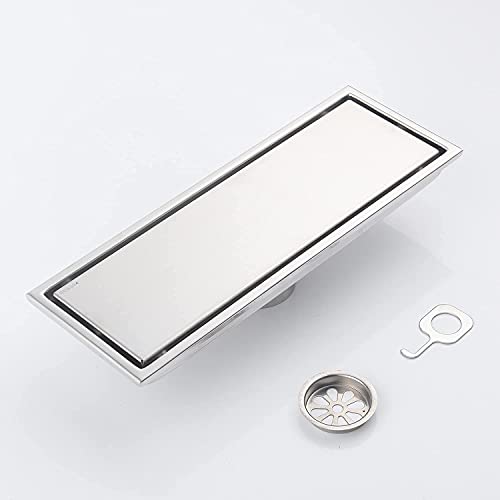 12 Inch Brushed Nickel Linear Shower Drain Pipe with Tile Insert Grille, Removable Hidden Cover, SUS304 Stainless Steel Rectangular Floor Drain - color: Brushed Nickel