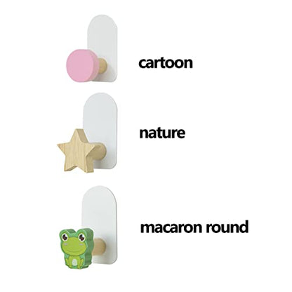 5Pcs Self Adhesive Hooks, Wooden Coat Hook in Animal Shapes, Multi Purpose Stick on Hooks Holder Wall Hook Door Hooks for Tea Towel Coat Kitchen Bathroom(Macaron Round)