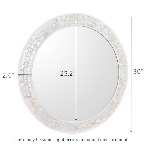 30 Inch Round Wall Mirror with White Frame for Bathroom Bedroom | Handcrafted Mother of Pearl Mosaic Inlay Frame, 3mm Tempered Glass, Coastal Seashell Decor - size: 30"L x 30"W