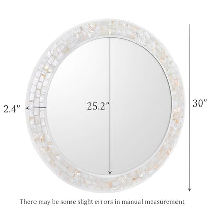 30 Inch Round Wall Mirror with White Frame for Bathroom Bedroom | Handcrafted Mother of Pearl Mosaic Inlay Frame, 3mm Tempered Glass, Coastal Seashell Decor - size: 30"L x 30"W