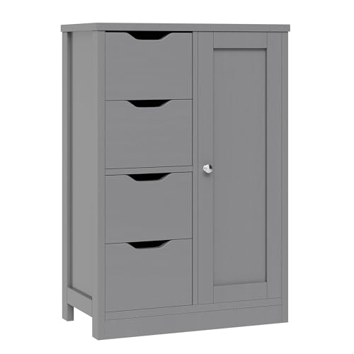 Vongrasig Bathroom Floor Storage Cabinet, Wooden Storage Organizer with 4 Drawers and 1 Door, Freestanding Pantry Cabinet with Adjustable Shelves for Bathroom, Living Room, Kitchen, Entryway, Grey - color: Grey
