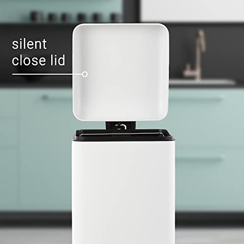 happimess Betty 8 Gal Step Trash Can Soft-Close Lid, Cotton White | Fingerprint Resistant, Removable Liner, Semi-Rectangular, Steel Pedal, Iron Powder Coated, 27" Height, Non-Skid Base - color: White