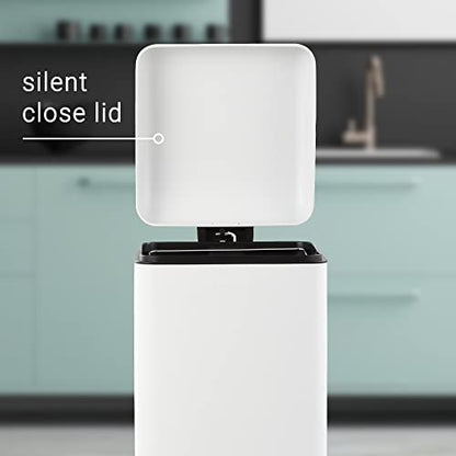 happimess Betty 8 Gal Step Trash Can Soft-Close Lid, Cotton White | Fingerprint Resistant, Removable Liner, Semi-Rectangular, Steel Pedal, Iron Powder Coated, 27" Height, Non-Skid Base - color: White