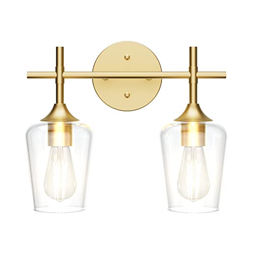 Ralbay Gold Bathroom Light Fixtures 2-Lights with Clear Glass Modern Wall Mount Lighting Industrial Farmhouse Gold Bathroom Vanity Lights Wall Sconce - color: Gold, size: 2-Light
