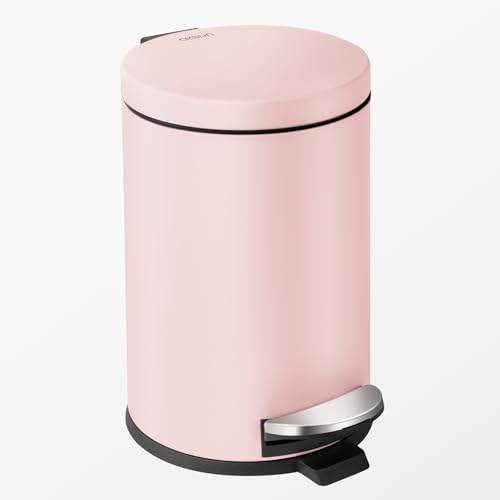 Cesun Small Round Bathroom Trash Can with Lid Soft Close, 1.2 Gal, Pink | Removable Inner Bucket, Stainless Steel Garbage Can for Bedroom/Office, Hands-Free Step Pedal, Fingerprint-Resistant - color: Pink