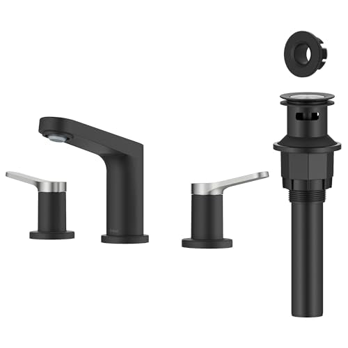 KRAUS Indy Widespread Bathroom Faucet in Spot-Free Brushed Nickel/Matte Black with 2 Handles, Pop Up Drain and Supply Lines, FUS-14103SFBNMB - color: Spot Free Brushed Nickel/Matte Black, style: Widespread