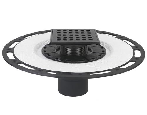 4-Inch Square Shower Drain Kit with Bonding Flange, Matte Black | Removable 304 stainless steel grate with hair strainer; fits 2- and 3-inch pipes for tiled shower floors and wet areas - size: 4in-Black