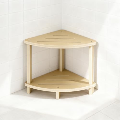 Corner Shower Stool for Inside Shower, 17in Shower Foot Rest for Shaving Legs with Storage Shelf 2-Tier, Waterproof Bath Stool Bench for Small Spaces Bathroom Seat
