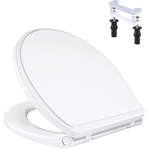 Universal Premium Round Toilet Seat Soft Close with Cover, One-Click, White | Quick Release and Slow Close Toilet Seat Replacement with Toilet Bolts and Bumpers, Compatible with TOTO, Gerber, Kohler - style: 16.5" Round with 1 base