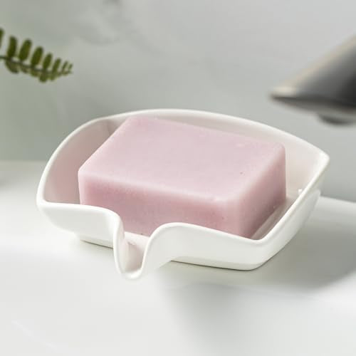 Zoeeker Soap Dish with Waterfall Design, Ceramic Soap Holder for Countertop | Self Draining Bar Soap Saver for Sink Bathroom Shower Kitchen, Sponge Holder with Drainage, Farmhouse Kitchen Decor, White - color: White, size: Rectangular