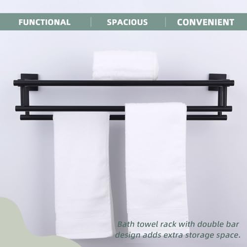 Angle Simple Bath Towel Shelf with 2 Holders, Matte Black, 27.56 Inches | Stainless Steel Bathroom Towel Rack with Double Bars, Extra Storage Space, Screw Wall Mount - color: Matte Black, size: 27.56-Inch