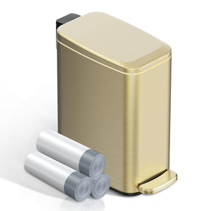 KSSKSS Small Bathroom Trash Can with Lid Soft Close, Step Pedal, 6L / 1.6 Gal Stainless Steel Garbage Bin with Removable Inner Bucket, Slim Wastebasket for Narrow Spaces (Gold) - color: Gold-p