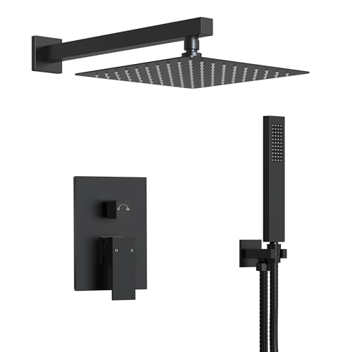 10 Inch High Pressure Rainfall Shower System with Handheld Spray, Wall Mount Bathroom Shower Faucet Set with Valve (Matte Black) - color: Matte Black